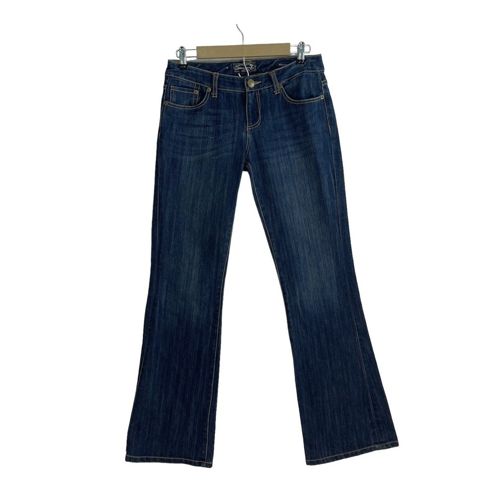 Seven7 Size 28 Denim Jean Dark Wash Mid-Rise Flare Leg Stretch Embroidered